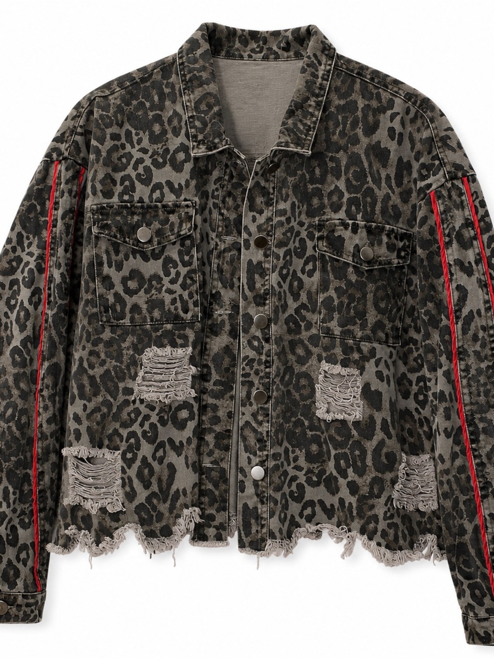 Vintage Havana Leopard Print Distressed Denim Jacket Red Stripe Accent Size M